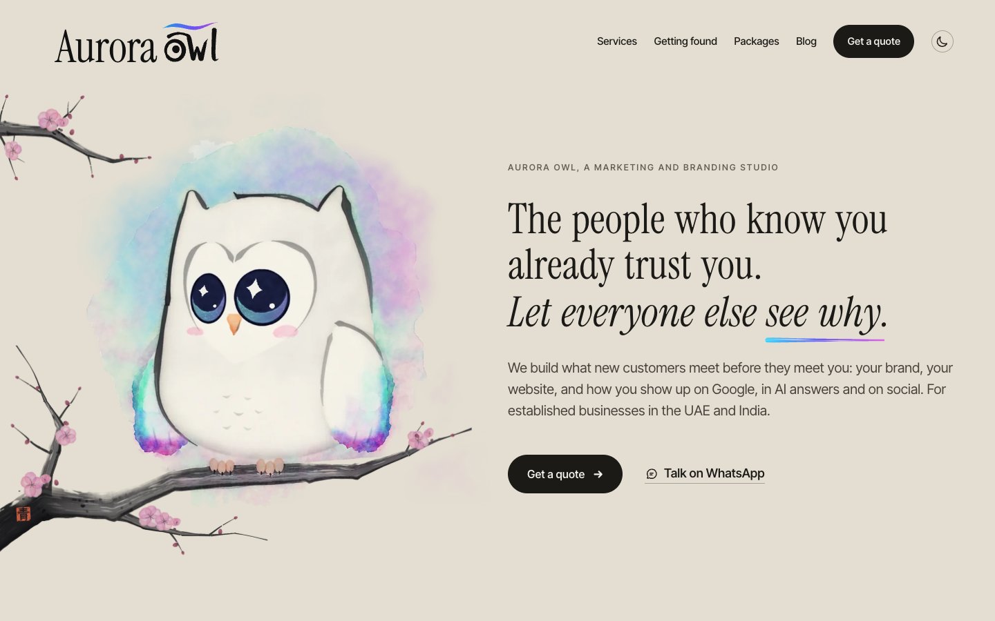 The auroraowl.com home page