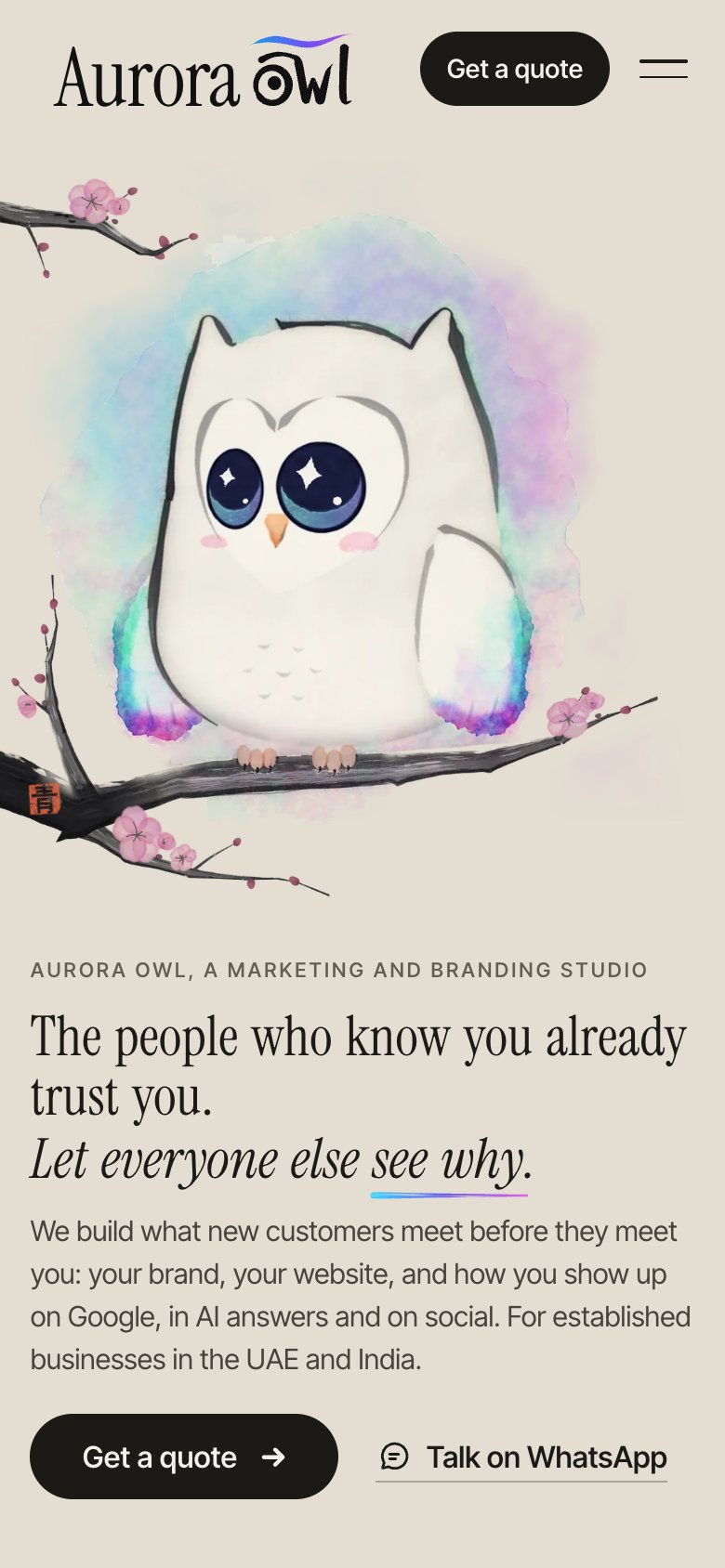 The auroraowl.com home page on a phone